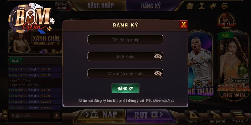 Bomwin Đăng ký tài khoản nhanh chóng chơi game dễ dàng